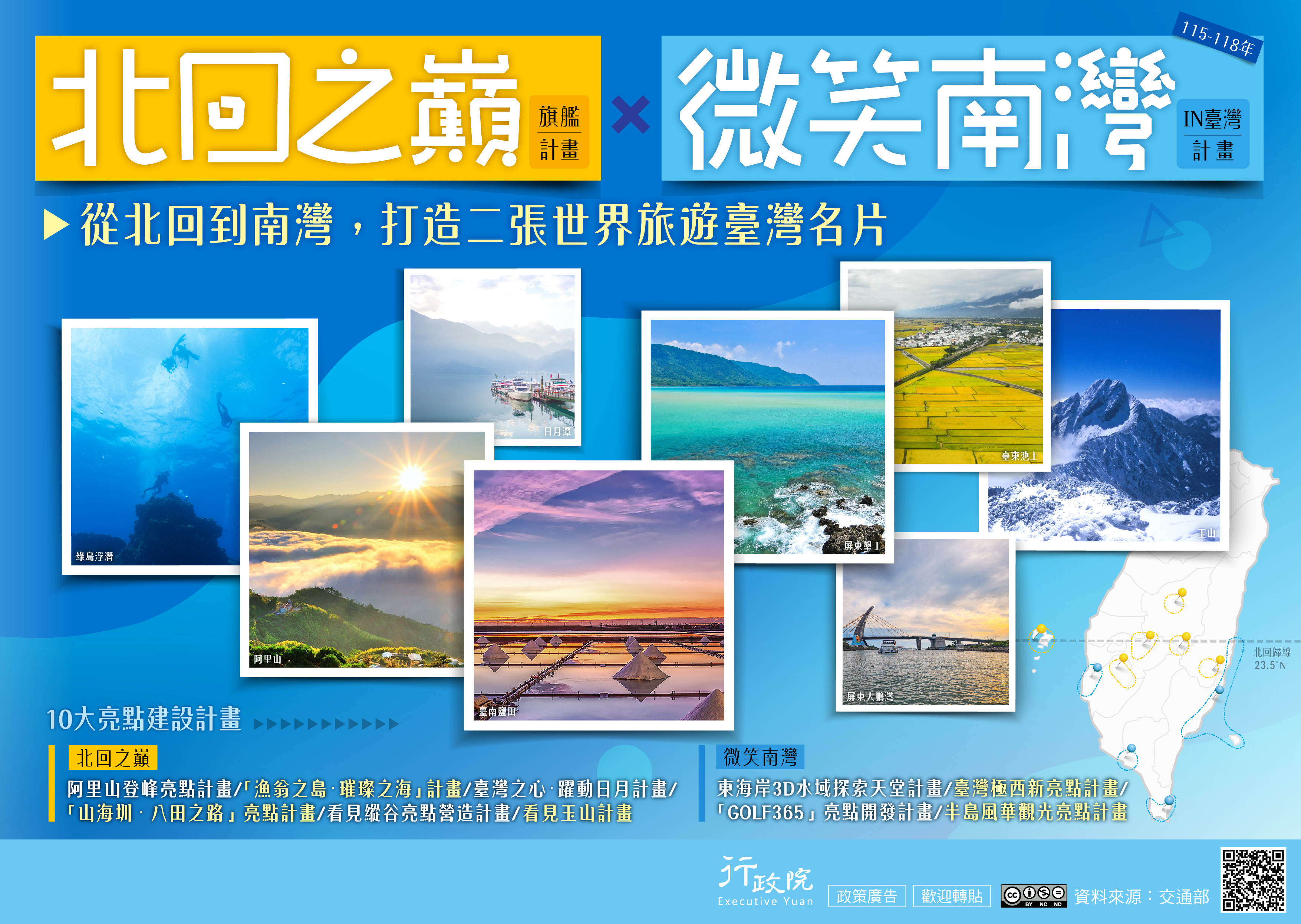 北回之巔旗艦計畫－微笑南灣IN臺灣計畫(含8張風景圖有山峰、潛水、日出及夕陽等。)之海報圖片